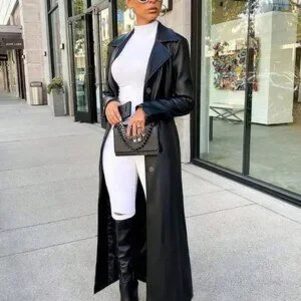 Black Elegant Women's Faux Leather Trench Coat